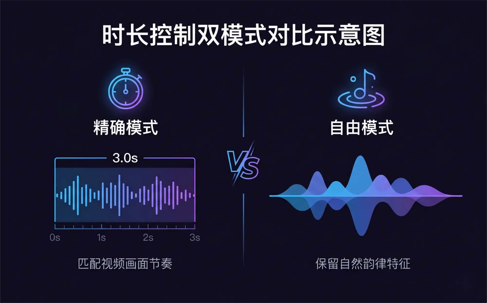 ElevenLabs在线AI配音时长控制双模式示意图,精确模式匹配视频节奏,自由模式保留自然韵律